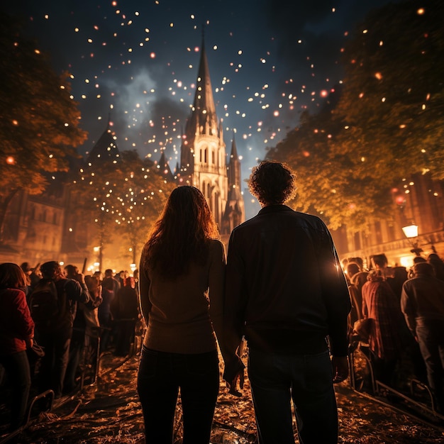 Paar umarmt sich vor einem atemberaubenden Feuerwerk