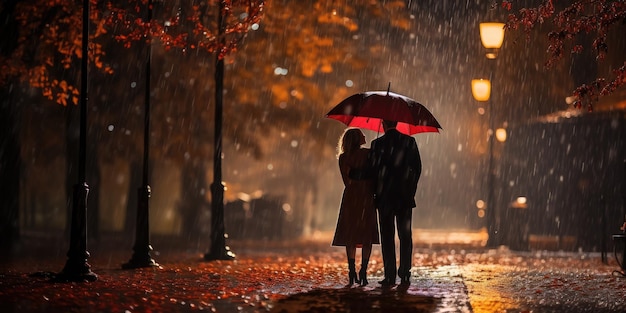 Paar unter einem Regenschirm im Regen Generative KI