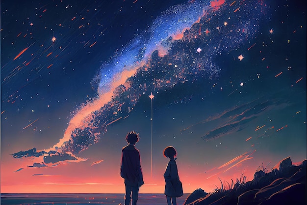 Paar unter einem Sternenhimmel in Ghibli Art