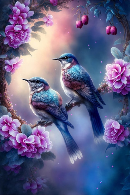 Paar Vögel, die auf einem generativen ai eines Baumzweigs sitzen