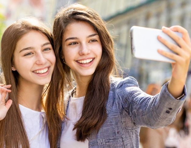 Foto paar von freundinnen in selfie-foto in einer touristischen stadt mit glück und freude