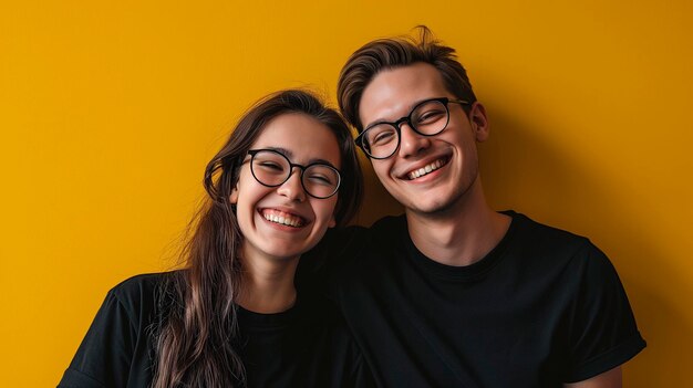 Paar von Mann und Frau, die schwarze Kleidung und Brille auf einem gelben Hintergrund tragen