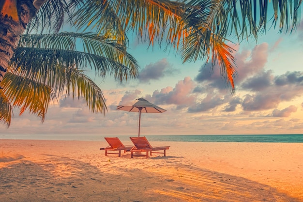 Paare Ferienstühle und Sonnenschirm unter Palmenblättern Romantische Ferienstrandlandschaft