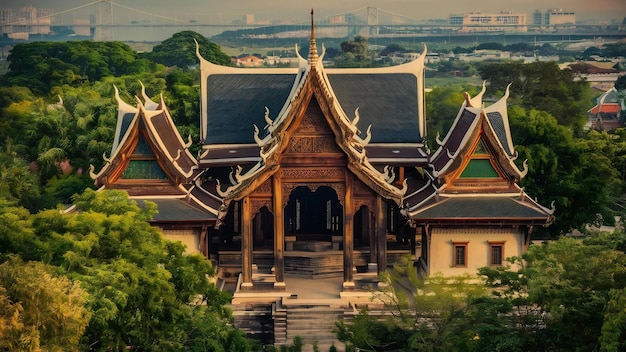 Pabellón de la antigua ciudad iluminada en la provincia de Samut Prakan, Tailandia