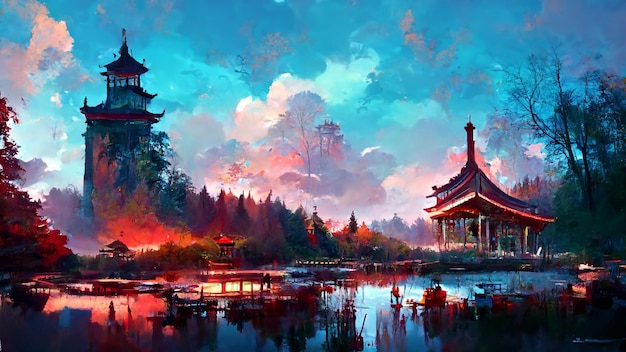 Pabellón chino junto al lago en el bosque Ilustración 3D