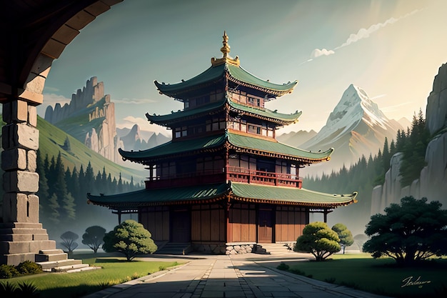 Pabellón de estilo arquitectónico chino construido sobre una ilustración de fondo de papel tapiz de montaña