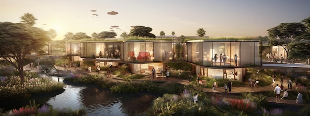Pabellón flotante minimalista ejecutado por la comunidad Jardines urbanos Realidad virtual