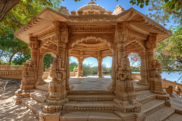 Pabellones de piedra arenisca tallados artísticamente en el lago Gadisar en Jaisalmer, Rajasthan