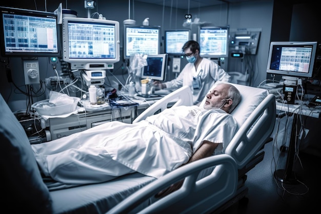 Foto paciente acostado en una cama de hospital rodeado de equipos médicos y monitores ia generativa