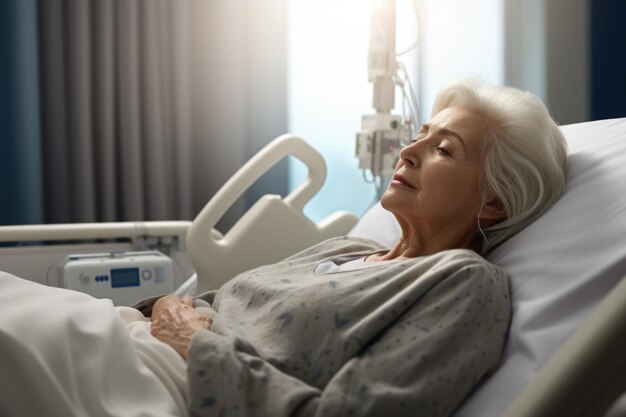 Paciente anciana durmiendo en una cama en una sala de hospital Mujer de edad avanzada en rehabilitación Atención médica