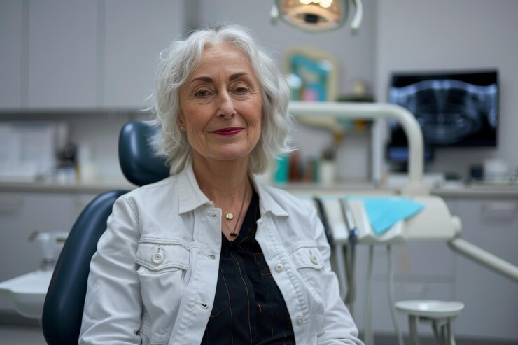 Paciente anciana sonriente sentada en una habitación moderna de la clínica dental sintiéndose satisfecha y relajada