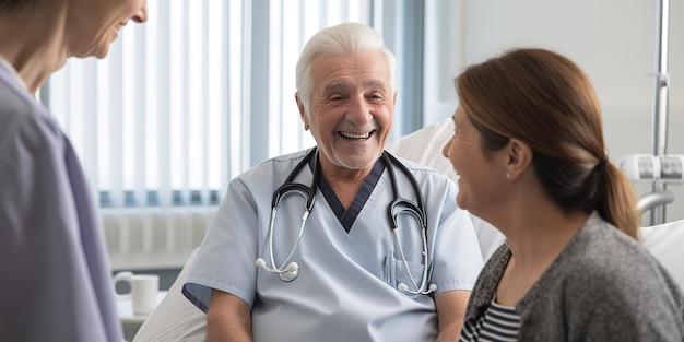 Paciente anciano feliz con médico y visitante