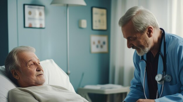 Foto un paciente anciano en mal estado es un paciente que necesita la ayuda de un médico en un hospital médico