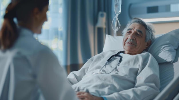 Foto un paciente en cama en el hospital habla con un médico amigable un paciente de la sala de geriatría moderna hace preguntas importantes