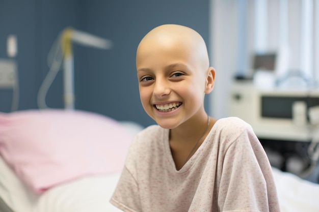 Paciente con cáncer feliz Niña sonriente después del tratamiento de quimioterapia en el departamento de oncología del hospital