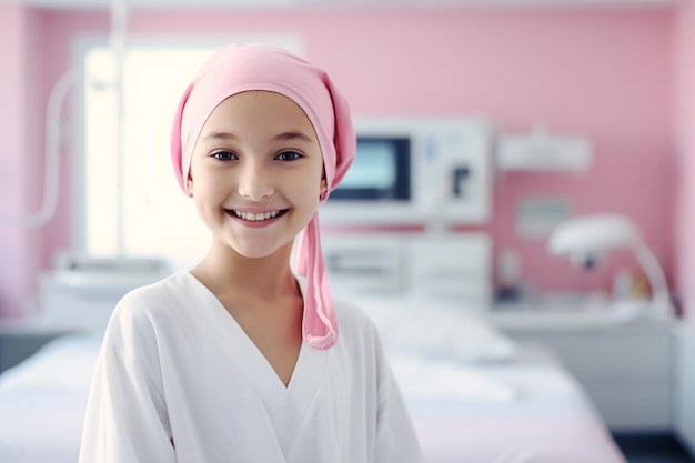 Paciente de cáncer feliz Niña sonriente después del tratamiento de quimioterapia en el departamento de oncología del hospital