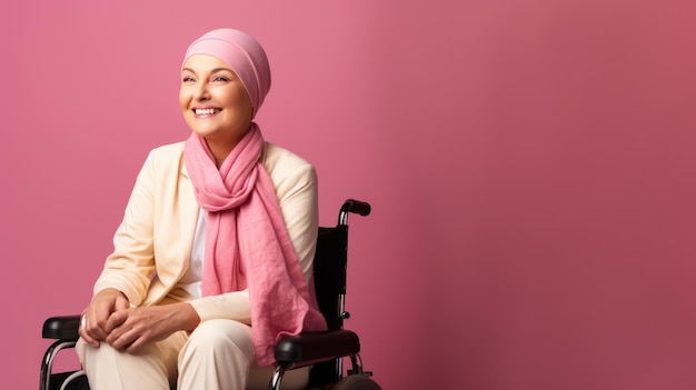 Paciente de cáncer de mediana edad con pañuelo en la cabeza sonriendo y sentada en silla de ruedas sobre fondo rosa Creado con tecnología de IA generativa