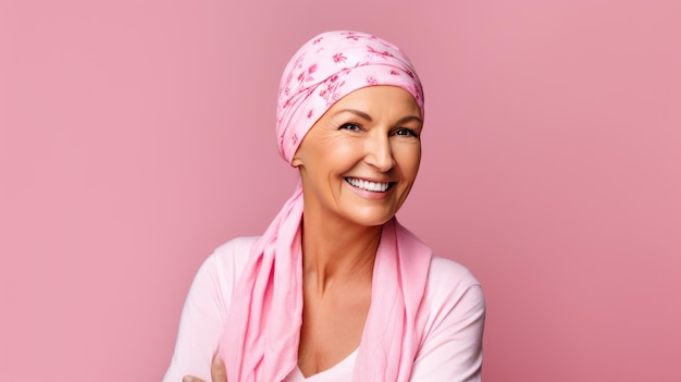 Paciente com câncer de meia-idade usando lenço na cabeça e sorrindo em fundo rosa Criado com tecnologia Generative AI
