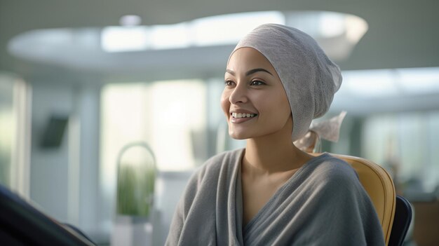 Paciente com câncer feliz usando lenço na cabeça em cadeira de rodas no hospital Generative Ai