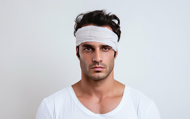Paciente com lesão na cabeça com bandagem na cabeça isolado em um fundo branco