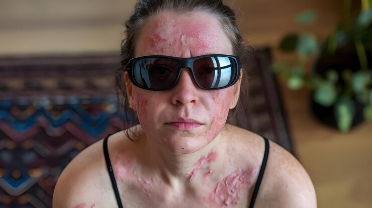Foto paciente com lúpus facial e erupção facial avermelhada com danos na pele causados por alergia