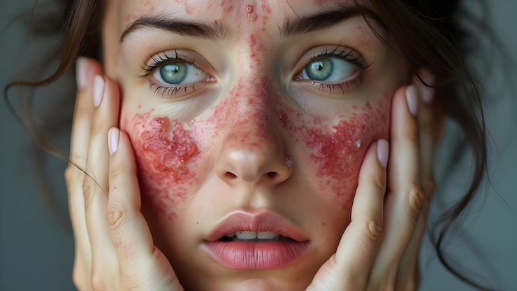 Foto paciente com lúpus facial e erupção facial avermelhada com danos na pele causados por alergia