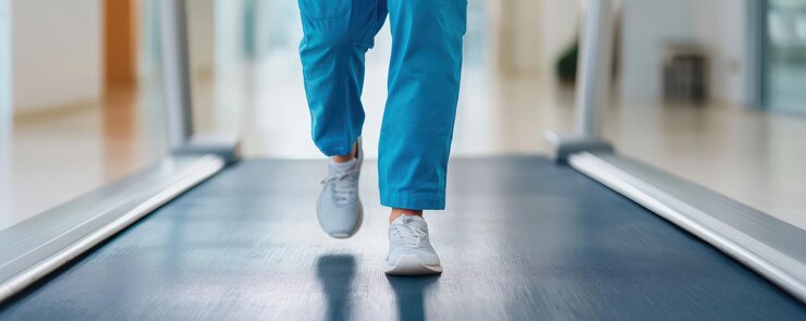 Paciente decidido soportando una dolorosa rehabilitación en una cinta de correr con espacio para copiar el concepto de fisioterapia de texto