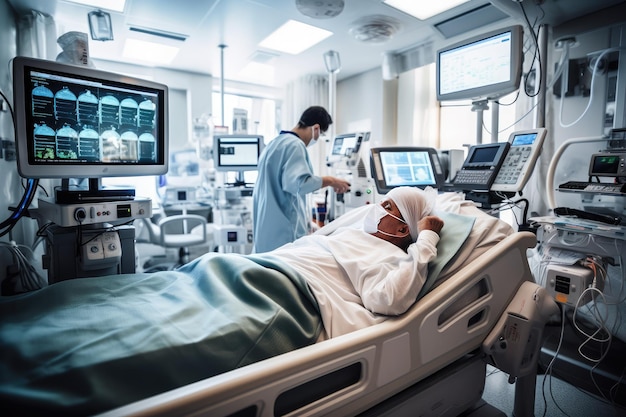 Paciente deitado em uma cama de hospital cercado por equipamentos médicos e monitores Generative AI