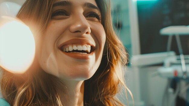 Foto paciente dentista satisfecha mostrando su sonrisa perfecta después del tratamiento en una caja de la clínica ia generativa