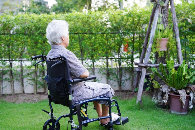 Paciente con discapacidad asiática anciana sentada en silla de ruedas en el concepto médico del parque