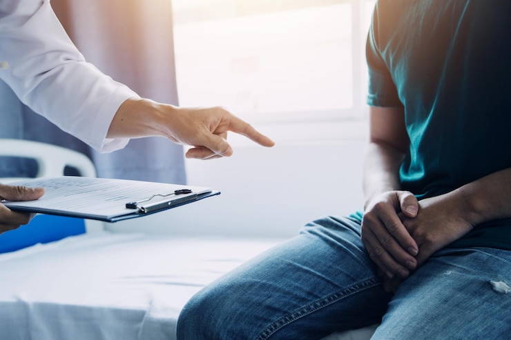 Foto paciente do sexo masculino tendo consulta com médico ou psiquiatra que trabalha em exame diagnóstico sobre doenças de saúde masculina ou doença mental em clínica médica ou centro de serviço de saúde mental hospitalar