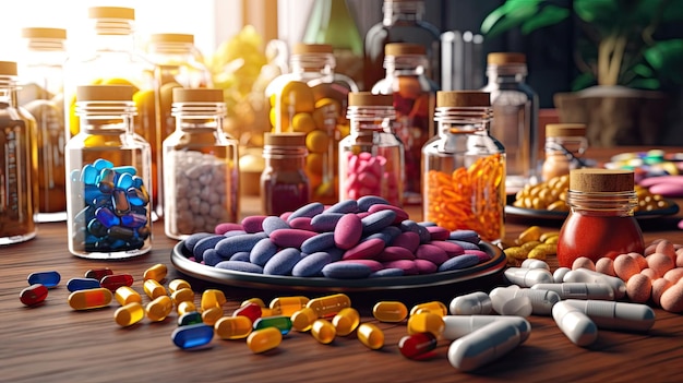 Paciente e comprimidos ou medicamentos em blisters e frascos Conceito de medicamento medicamento farmacêutico