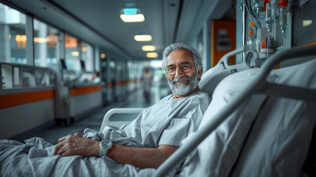 Paciente de edad avanzada con una expresión positiva descansando cómodamente en una cama de hospital