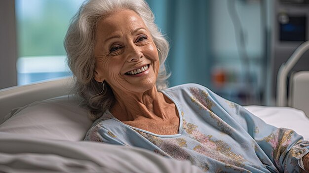 Paciente de edad avanzada que yace satisfecha sonriendo en la cama de un paciente de un hospital moderno
