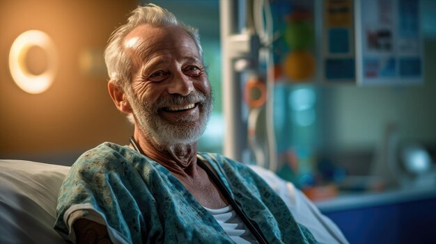 Paciente de edad avanzada que yace satisfecho sonriendo en la cama de un paciente de un hospital moderno