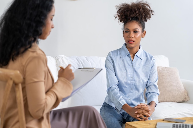 Foto paciente feliz e psicólogo têm uma conversa sobre saúde mental na clínica com emoção positiva enquanto explicam o trabalho e a vida de sucesso cruciais ao psicólogo no consultório em casa