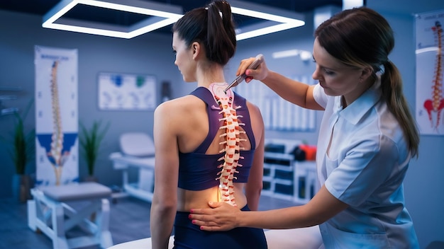Paciente feminina examinando a coluna vertebral no fisioterapeuta do centro de vertebrologia