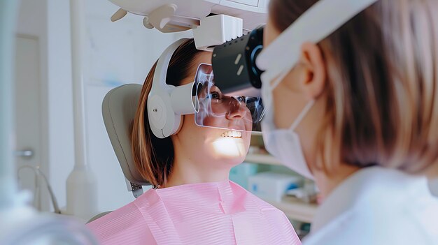 Una paciente con gafas de realidad aumentada se sienta en una silla de dentista