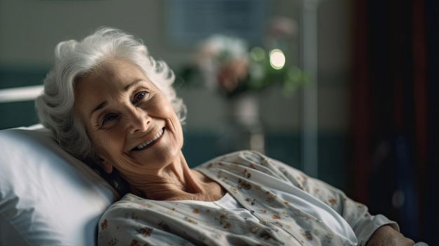 Paciente idosa deitada satisfeita sorrindo em uma cama de paciente de hospital moderno