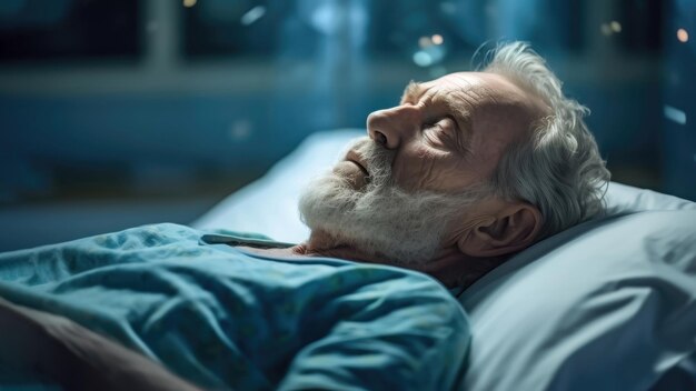 Paciente idoso descansando em paz em uma cama de hospital