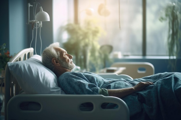 Foto paciente idoso dormindo na cama na enfermaria do hospital generative ai