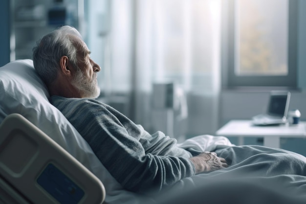 Paciente idoso dormindo na cama na enfermaria do hospital Generative AI