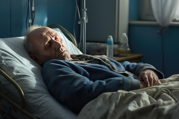 Paciente idoso dormindo na cama na enfermaria do hospital Homem em reabilitação Quarto de hospital Generative ai
