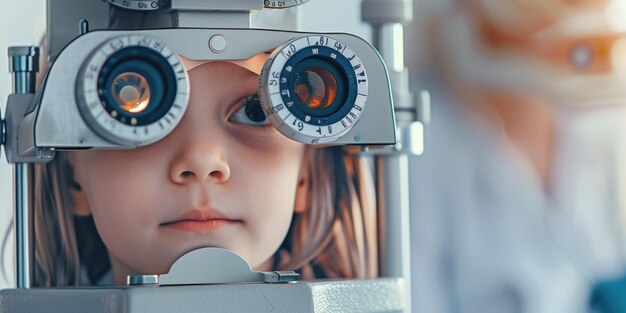 Foto paciente infantil sometido a un examen ocular con un foróptero