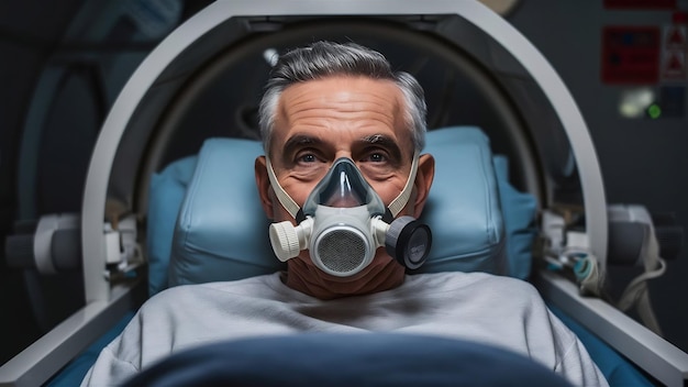 Paciente masculino maduro que usa una máscara de oxígeno durante la terapia de oxigeno hiperbárico y mira a la cámara