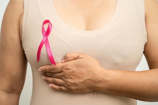 Paciente mujer asiática revisando y preocupando su mama Autoexamen de mama o símbolo BES del Día Mundial del Cáncer de Mama