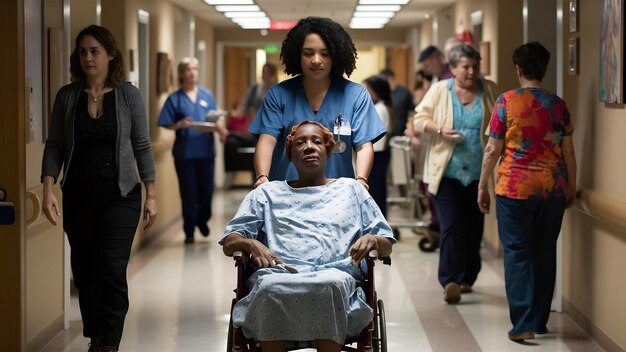 Paciente y personas en el pasillo del hospital