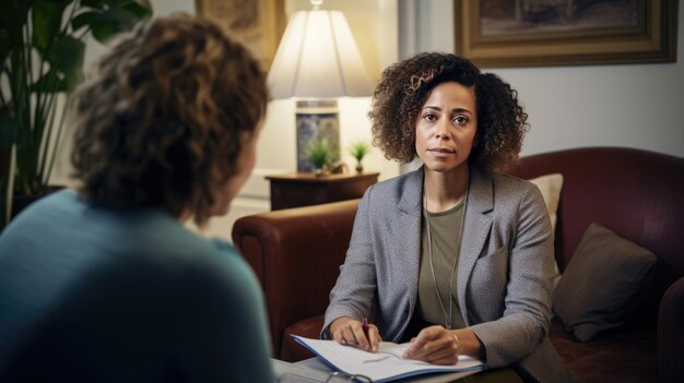 Una paciente preocupada sentada en una cita con un terapeuta psicólogo y contando sobre problemas mentales una doctora atenta y madura está escuchando y tomando notas