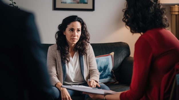 Una paciente preocupada sentada en una cita con un terapeuta psicólogo y contando sobre problemas mentales una doctora atenta y madura está escuchando y tomando notas