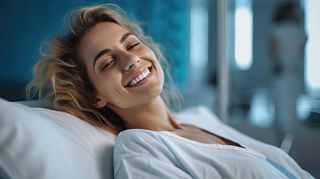 Una paciente que yace satisfecha sonriendo en la cama de un paciente de un hospital moderno